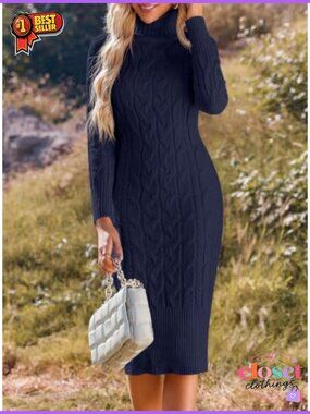 Turtleneck Bodycon Sweater Dress Cable Knit Midi Pullover Fall Winter